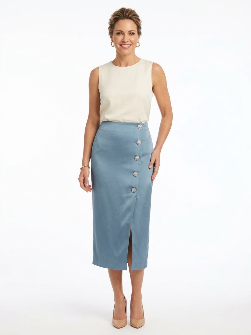 House of Harlow 1960 Blue Satin Button Midi Skirt Size Small